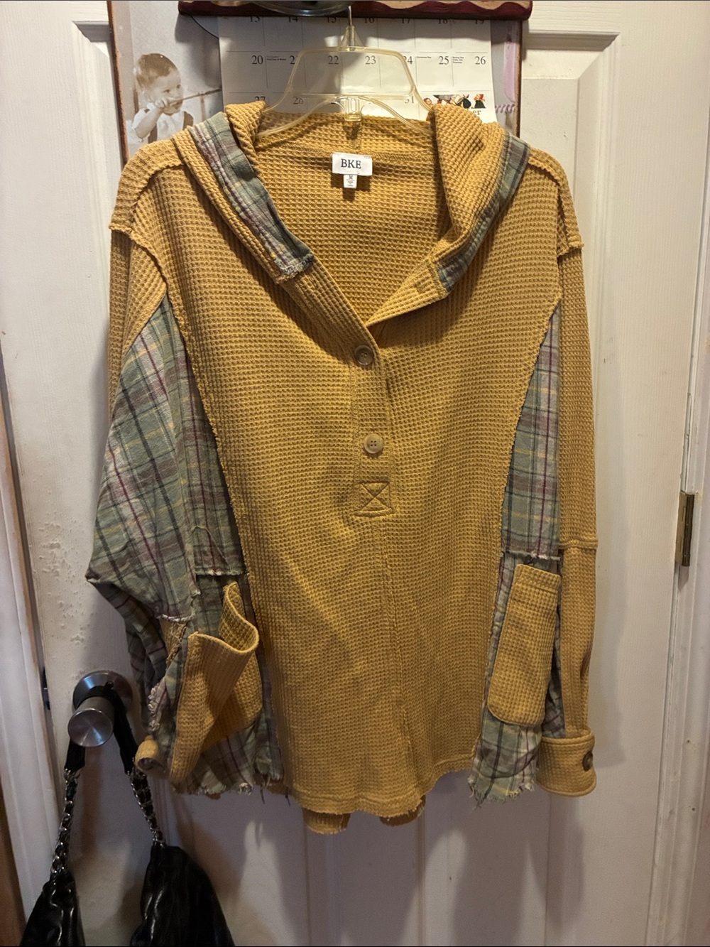 BKE Women's Mustard Hooded Waffle Knit Sweater with Plaid Trim